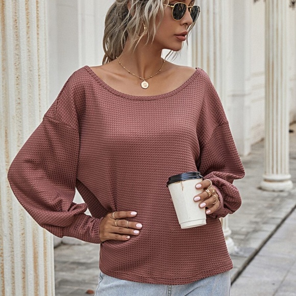 oversize off shoulder brick waffle long sleeve top - Picture 3 of 5